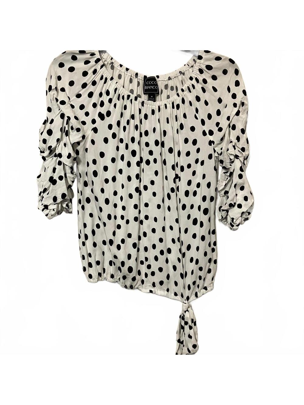 Coco Bianco Twee Minimalist Artsy White Black Polka Dot Blouse Women's Medium